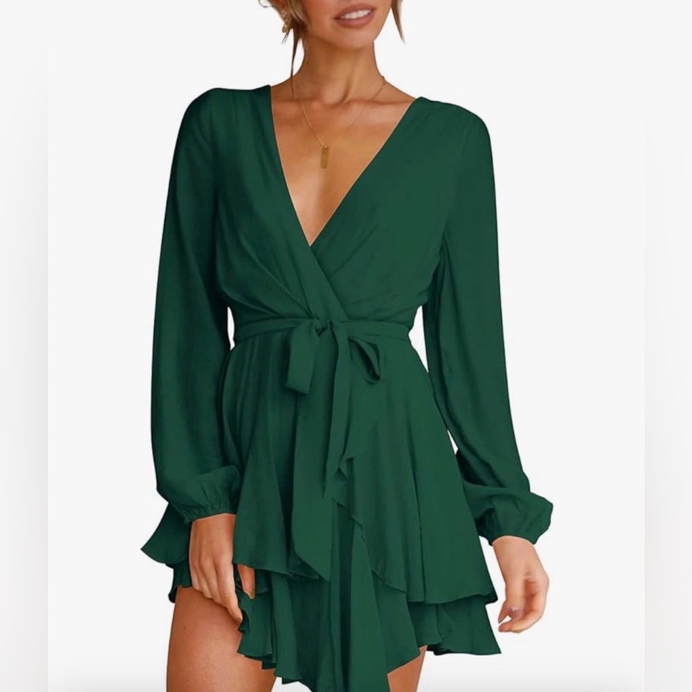 Green Long Sleeve Mini Wrap Dress Tie Tiered Belted Size Medium